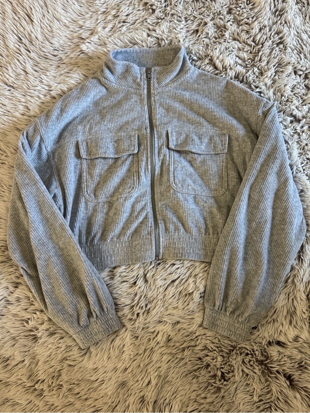 aerie Light Gray Ribbed Cropped Zip Jacket